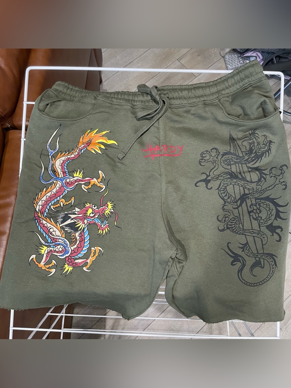 Ed Hardy Olive Green Dragon Graphic Men’s Shorts